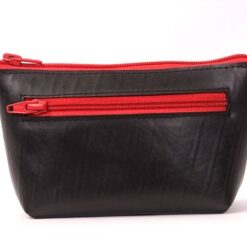 Cosmetics pouch made of recycled tire products, colored decorations. Cotton lining interior, zipped top, zipped side pocket.