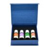 Coffret de 4 huiles essentielles: eucalyptus, lavande, menthe poivrée, et orange. Bouteilles de 10 ml chaque.