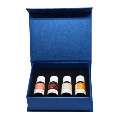 Coffret de 4 huiles parfumées pour diffuseurs à ultrasons. Flacons de 10 ml chacun. Fruit de la passion, noix de coco, vanille, et mangue.