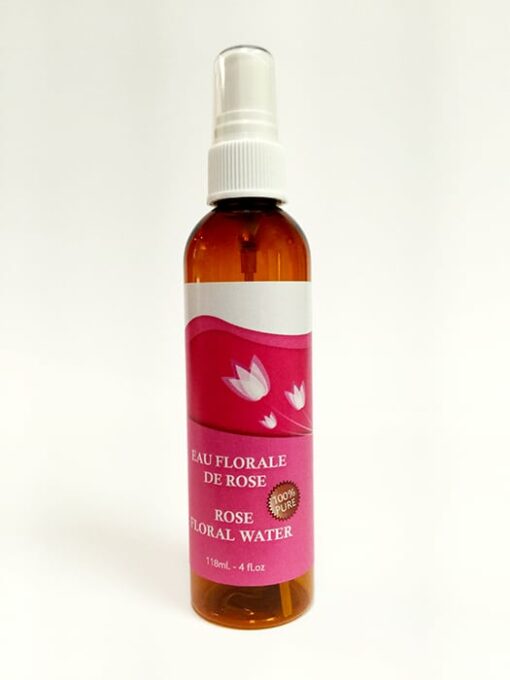 Eau florale de rose. Bouteille de 118 ml avec vaporisateur.