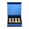 Coffret de 4 huiles essentielles: orange, melaleuca, bergamote, et eucalyptus. Bouteilles de 10 ml chaque.