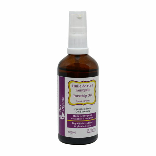 Huile sèche biologique de rose musquée, pressée à froid. Bouteille de 100 avec pompe distributrice.