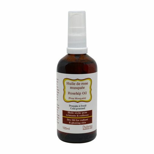 Huile sèche de rose musquée pressée à froid. Bouteille de 100 ml avec pompe distributrice.