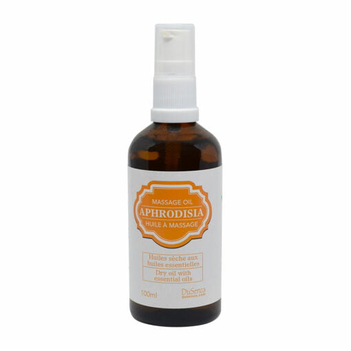 Huile sèche aphrodisia pour massage, aux huiles essentielles. Bouteille de 100 ml avec pompe distributrice.