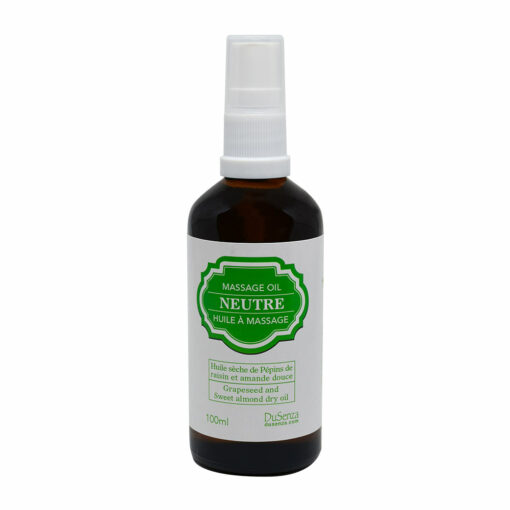 Neutral massage oil with grapeseed and sweet almond dry oil. 100 ml bottle with dispenser pump.