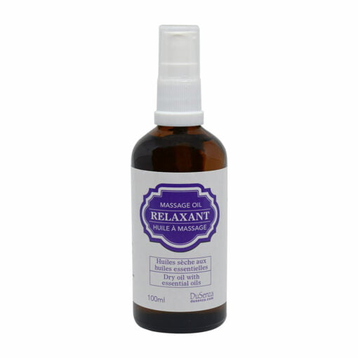 Huile sèche à effet relaxant pour massage aux huiles essentielles. Bouteille de 100 ml avec pompe distributrice.