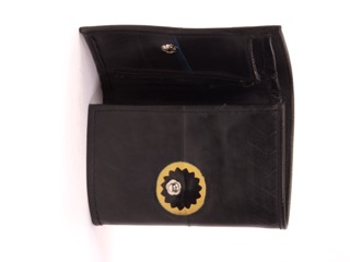 Carlita Wallet made of recycled tire products. Space for cards, coins and bills. Snap fastener.