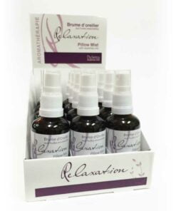 Display of 12 bottles of Relaxation Pillow Mist with essential oils.