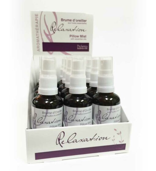 Display of 12 bottles of Relaxation Pillow Mist with essential oils.
