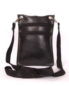 Passport bag made of recycled tire products. Fine cotton interior lining. Two zippered pockets and 13" adjustable strap.